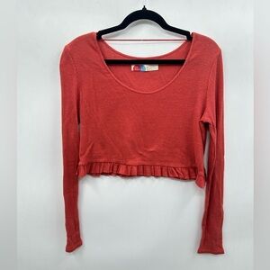 FREE PEOPLE BEACH woman rust ruffle hem waffle knit bohemian long sleeve tunic S